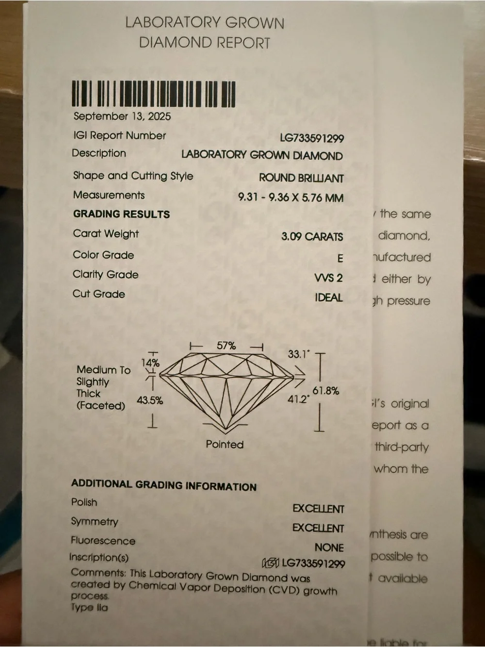 Solid 14kt Yellow Gold Ring 2mm, IGI certified 3.09ct Lab Grown Round Brilliant
